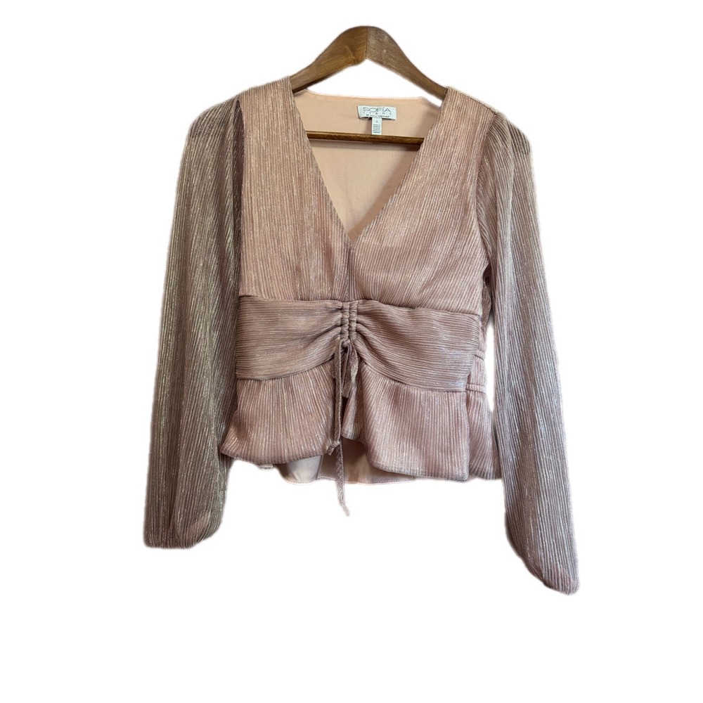 Sofia Jeans Blouse Womens S Rose Gold Excellent Metallic Ruched Peplum Top‎